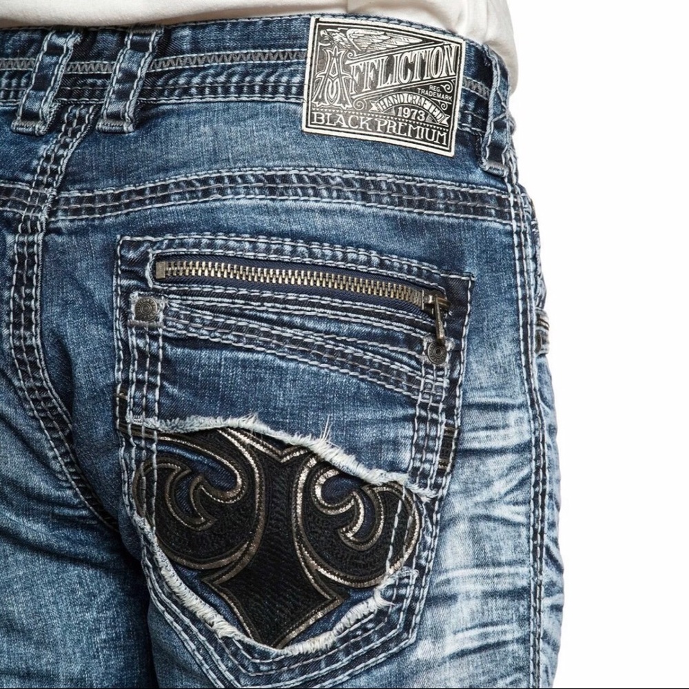 AFFLICTION Men Denim Jeans BLAKE FLEUR QUINCY Embr - Picture 6 of 9
